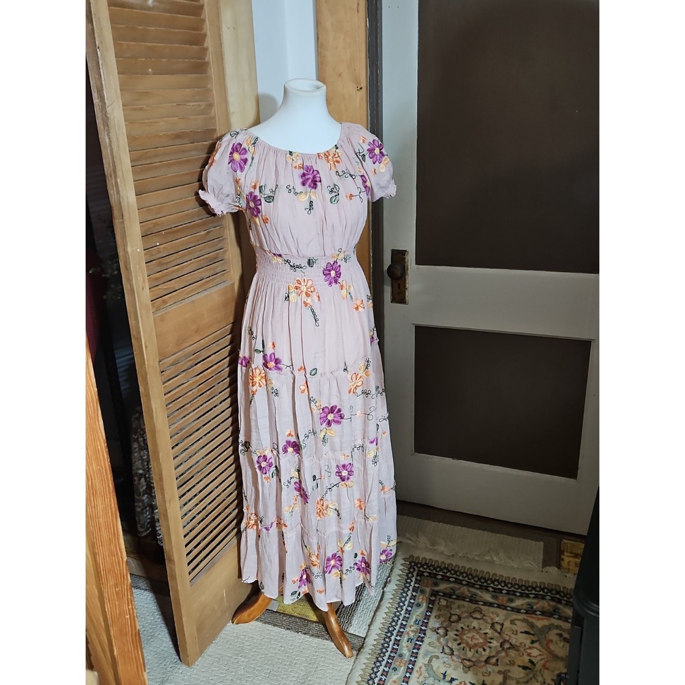 Anthropologie Kindred Dress Embroidered Floral Tiered Boho Chic Cottagecore PS S